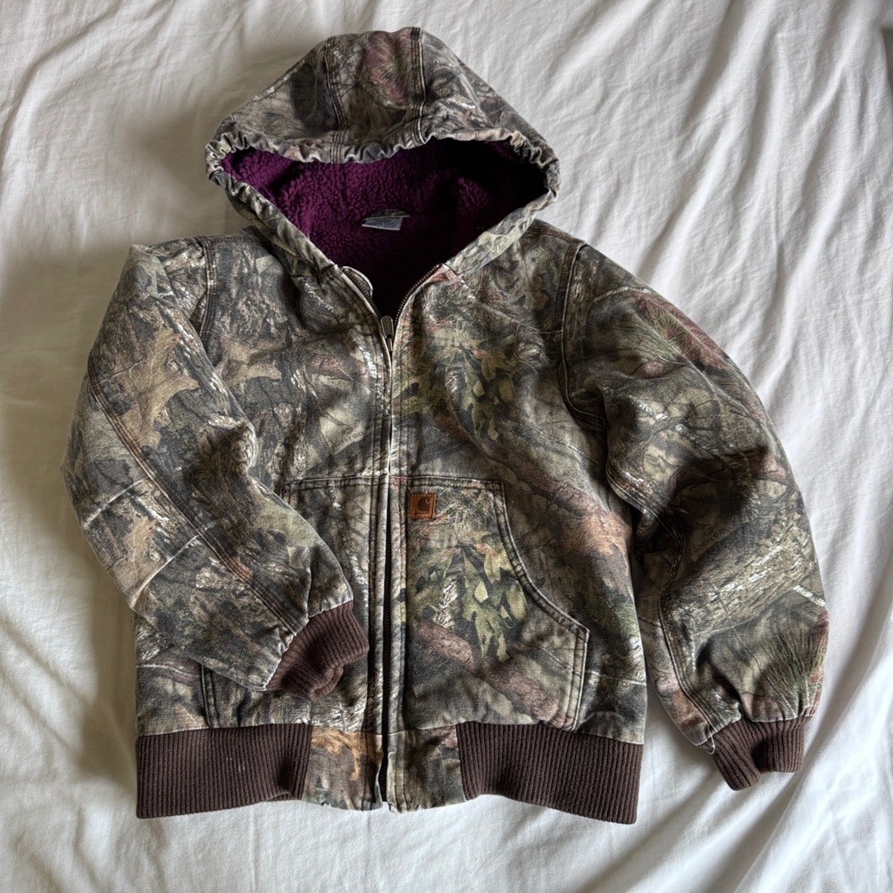 Carhartt Hooded Jacket Kids Medium 10-12 Camo Canvas Sherpa Lined Full Zip